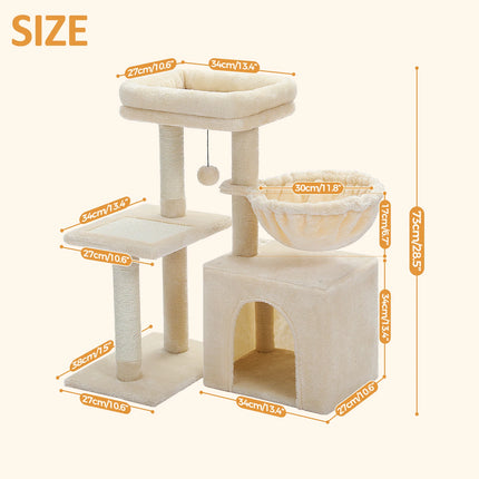2 in 1 Kattenboom voor Binnen Kleine Kattentoren met Sisal Krabpaal Gezellige Condo Hangmat Kattenbed Huis Kattenaccessoires Katspeelgoed | PEQULTI Kattenboom Binnen | Krabpaal | Kattenhuis met Hangmat | Grijs/Beige