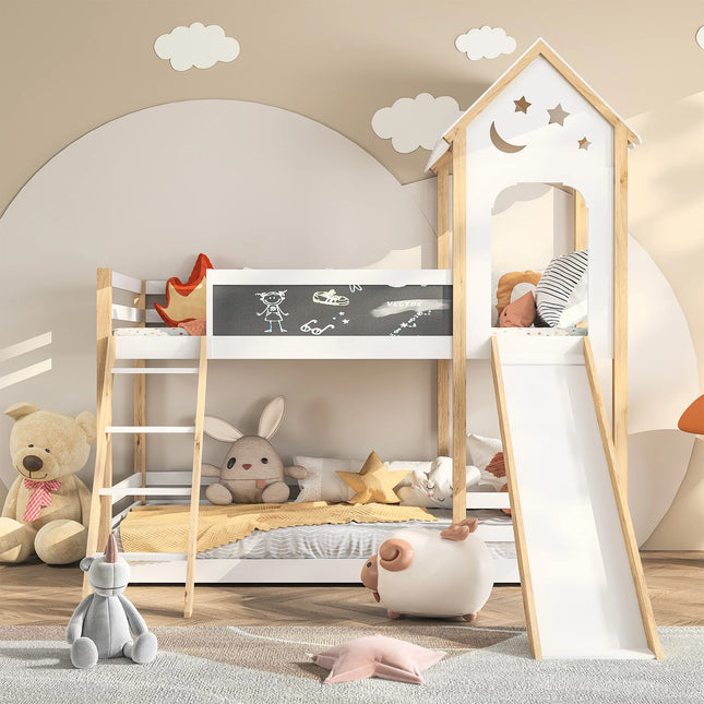 Stapelbed, Kinderbed, Massief Houten Bed, met Trappen en Blackboard, Wit Houten Bed met Glijbaan voor Kinderen, 90 x 200 cm | Kinder stapelbed hout 90x200 cm met trappen glijbaan en schoolbord wit minimalistisch modern