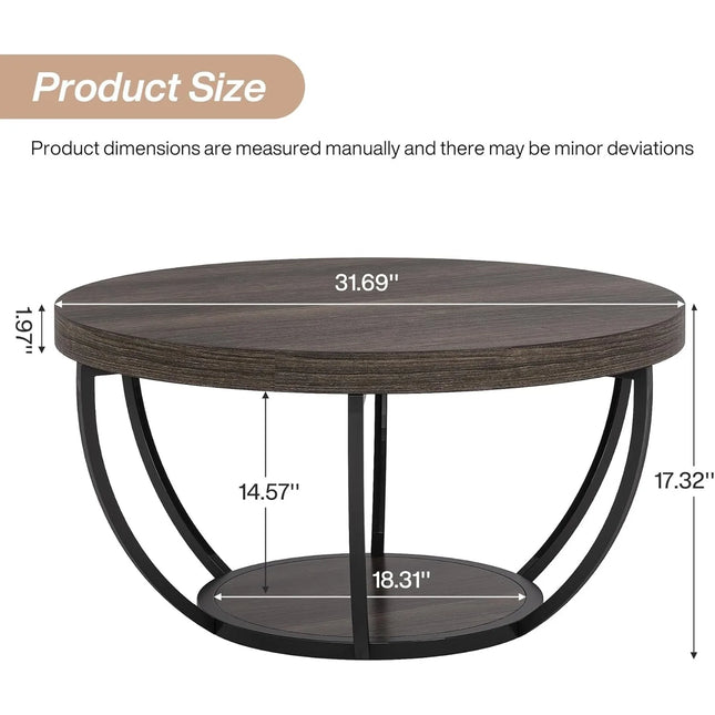 Ronde Salontafel, 80,5 cm Houten 2-laags Salontafel met Opbergrekken, Cocktailtafel Centertafel voor Woonkamer, Grijs | Ronde Woonkamertafel Met Opslag | Industrieel Design | Grijze Houtlook | 2 Niveaus