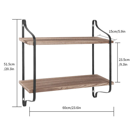 Grote Rustieke Industriële Pijp Wandplank 2-Lagen Houten Metalen Display Opslag Rek | Rustieke Wandplank Hout IJzer Dubbel Wandreksel 60x15x51.5cm | Geschikt Badkamer Keuken Woonkamer | Eenvoudige Installatie