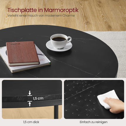 VASAGLE salontafel woonkamer tafeltje met glazen blad | Salontafel zwart marmerlook glas | Moderne en stevige bijzettafel woonkamer | Verstelbare voetjes en extra opbergruimte | Ø 80 cm