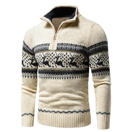 Heren Kersttrui Geometrisch Patroon | Festive Slim Fit Cardigan | Winter Gebreid Rits Vest | Oprolbare Kraag | Mix van Katoen Acryl Kasjmier | Lang Ritsontwerp | Ideaal als Cadeau voor Kerst | Stijlvolle Kerstkleding