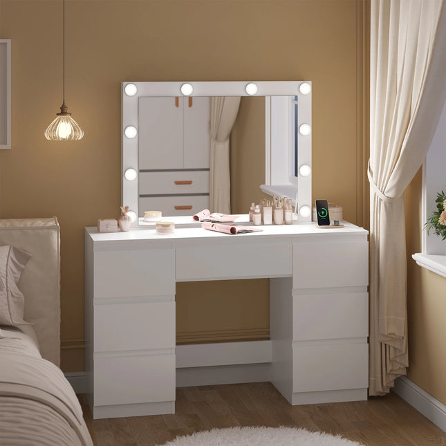 WOLTU Kaptafel Make-up met LED-verlichting en Oplaadstopcontact | Moderne Witte Kaptafel 7 Laden | MDF Hout | Grote Spiegel 64x57cm | USB-poorten en Stopcontacten  | Brede Blad met Veel Opbergruimte