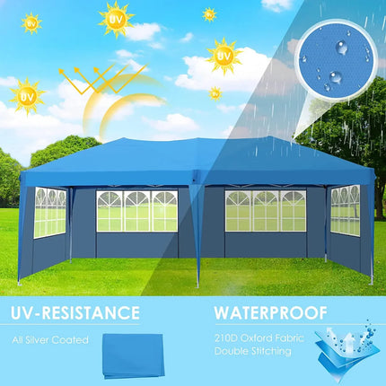 3 x 6m waterdichte pop-up tuinpaviljoen tent vier zijden 420D Oxford doek regenbestendige luifel voor bruiloft | Paviljoen 3x6m blauw incl. draagtas UV-bescherming tent tuinfeest opvouwbaar waterbestendig aluminiumbouw outdoor occasions