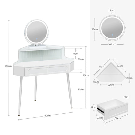 WOLTU Dressoir Kaptafel Wit Hoek Make-uptafel met Spiegel Verlichting | WOLTU Hoek Kaptafel Wit Spiegel Verstelbare Helderheid | Houten Make-uptafel Slaapkamer | Ruimtebesparend | Grote Opbergcapaciteit