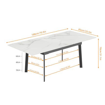 Uitschuifbare Eettafel Marmeren Blad en Metalen Frame Rechthoekige Moderne Meubels Geen Stoelen | Uitschuifbare Eettafel Marmerlook Landelijke Tafel Blad 180x85x79cm Moderne Stijl Zonder Stoelen