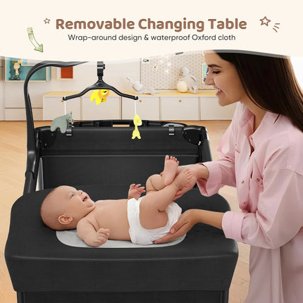 5-in-1 Babybed Reisset Combinatie Babybed met Matras, Hoogteverstelling, Opvouwbaar als Veranderende Tafel en Speelpaneel | 5-in-1 Babybed Reisset Matras Verstelbaar | Opvouwbaar Babybedje | Reiscampingbedje Baby Kinderbedje Matras