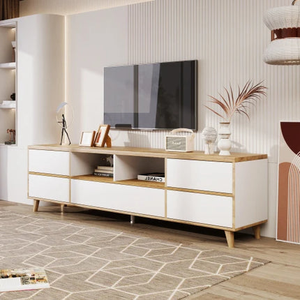TV-kast, laag meubel, woonkamermeubel in wit en houttinten. Vakken en deuren in natuurlijke landelijke stijl | Moderne tv-meubel wit hout | Laag meubel woonkamer | Landelijke stijl | Wit en hout | Stevige houten poten | Veel opbergruimte
