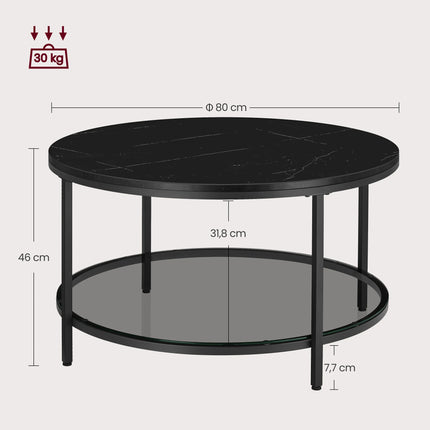 VASAGLE salontafel woonkamer tafeltje met glazen blad | Salontafel zwart marmerlook glas | Moderne en stevige bijzettafel woonkamer | Verstelbare voetjes en extra opbergruimte | Ø 80 cm