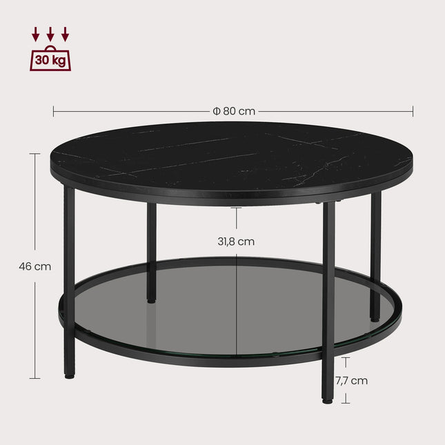 VASAGLE salontafel woonkamer tafeltje met glazen blad | Salontafel zwart marmerlook glas | Moderne en stevige bijzettafel woonkamer | Verstelbare voetjes en extra opbergruimte | Ø 80 cm