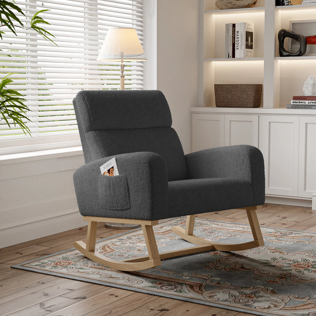 Schommelstoel,Comfortabele Relaxstoel,Comfy Hoge Rug Fauteuil met Zijvak,Houten Frame,voor Woonkamer Meubilair | Relaxfauteuil Modern Stijl Grijze Stof | Schommelstoel Woonkamermeubel Armleuningen