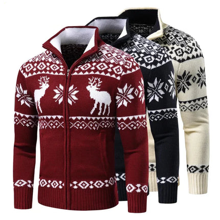 Heren Kersttrui Geometrisch Patroon | Festive Slim Fit Cardigan | Winter Gebreid Rits Vest | Oprolbare Kraag | Mix van Katoen Acryl Kasjmier | Lang Ritsontwerp | Ideaal als Cadeau voor Kerst | Stijlvolle Kerstkleding