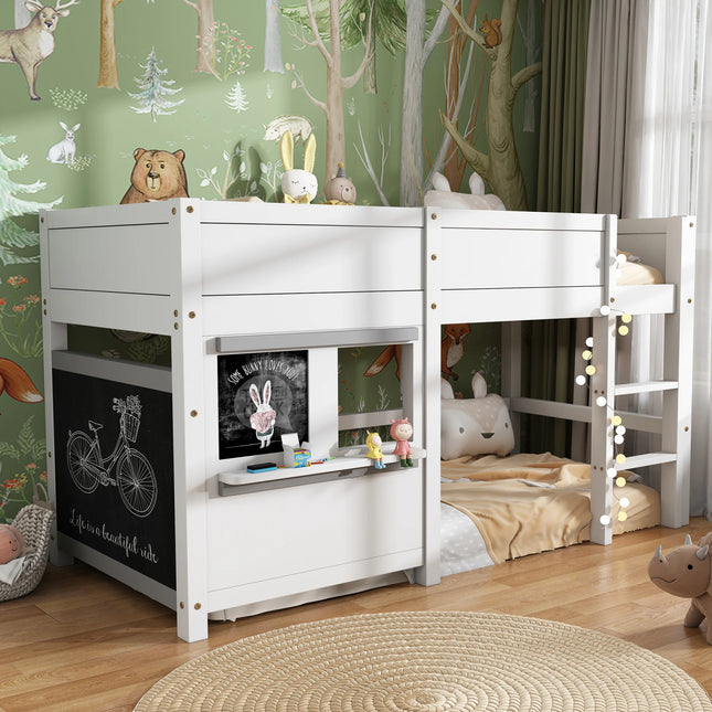 Kinderhuisbed met Zwartbord | Witte Stapelbed 90x200cm | Houten Scandinavisch Design ✔ Veiligheid ✔ Plankje