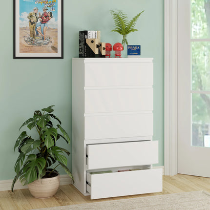 Getone Ladekast Slaapkamer, Hoge Opbergkast met 5 Lades, Slaapkamer Dressoir, 55x33x100cm, Wit | Getone Slaapkamer Ladekast | Hoge Moderne Opbergkast | 5 Lades | 55x33x100cm | Minimalistisch Design | Wit Hout