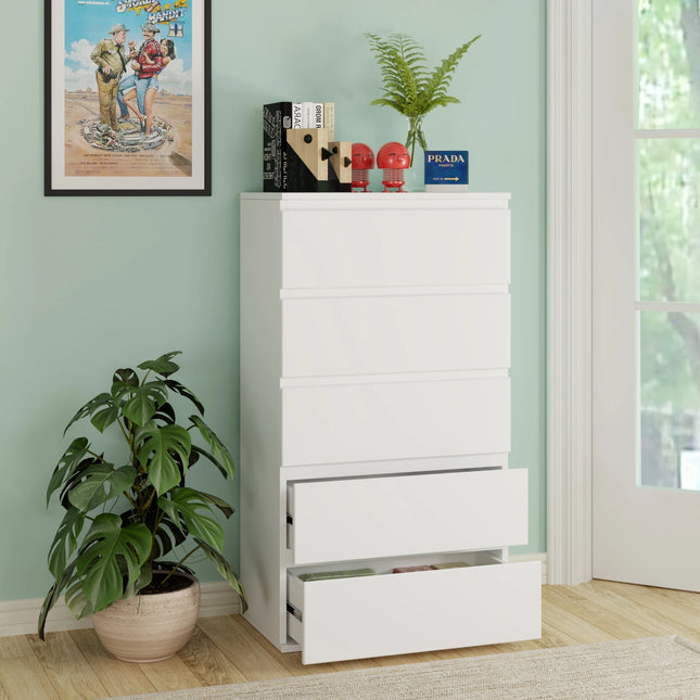 Getone Ladekast Slaapkamer, Hoge Opbergkast met 5 Lades, Slaapkamer Dressoir, 55x33x100cm, Wit | Getone Slaapkamer Ladekast | Hoge Moderne Opbergkast | 5 Lades | 55x33x100cm | Minimalistisch Design | Wit Hout