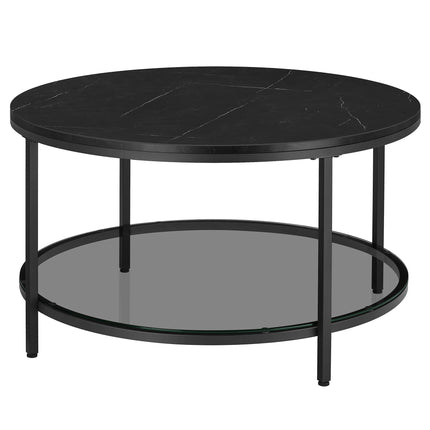 VASAGLE salontafel woonkamer tafeltje met glazen blad | Salontafel zwart marmerlook glas | Moderne en stevige bijzettafel woonkamer | Verstelbare voetjes en extra opbergruimte | Ø 80 cm