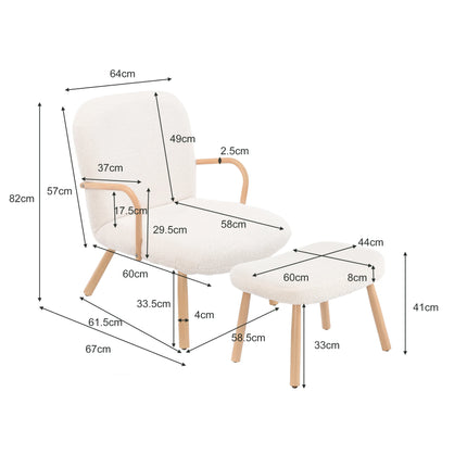 Beklede Fauteuil met Krukje, Cashmere Lounge Stoel met Houten Armleuningen en Poten, voor Slaapkamer Woonkamer Beige | Beige Cashmere Lounge Stoel met Kruk | Modern Fauteuil Houten Poten | Comfortabele Stoel Slaapkamer