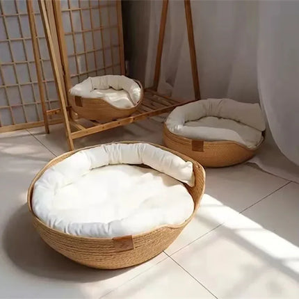 Bamboe Weven Kattenmand Sofa Huis - Milieuvriendelijke Warme Huisdierennest voor Binnenkatten | Handgemaakte Kattenmand | Eco Vriendelijk | Ademend en Comfortabel Kattenhuis | 100% Katoen | Duurzaam en Stijlvol