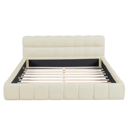 Gestoffeerd Bubble Bed 140x200 cm, Tweepersoonsbed met Opbergruimte, Jeugdbed met Lattenbodem en Hoofdbord, Linnen, Zonder Matras | Gestoffeerd Tweepersoonsbed 140x200 cm Beige | Moderne Bedframe met Opberglades en Hoofdbord