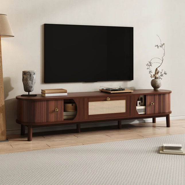 Walnoot Rotan Hangend Dressoir 170 L x 39,5 B x 38 H (cm), TV-meubel met natuurlijke houten deuren en rotan lades | Moderne TV kast hout rotan | Zwevend dressoir hangend | Natuurlijke walnoot en rotan details