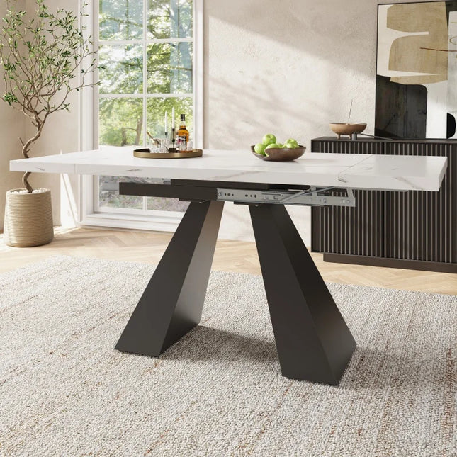 Telescopische eettafel, Uitschuifbare eettafel, Ruimtebesparende keukentafel, Flexibel design, Witte tafelblad met kolompoten | Uitschuifbare Eettafel MDF Marmerlook 99-159 cm | Moderne Eettafel Metalen Poten