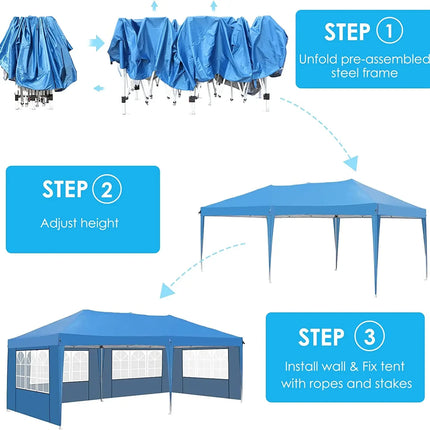 3 x 6m waterdichte pop-up tuinpaviljoen tent vier zijden 420D Oxford doek regenbestendige luifel voor bruiloft | Paviljoen 3x6m blauw incl. draagtas UV-bescherming tent tuinfeest opvouwbaar waterbestendig aluminiumbouw outdoor occasions