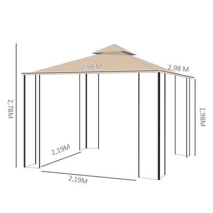 Outsunny tuinpaviljoen Paviljoentent Tuintent met 4 planken 3x3 m | Outsunny Luxe Tuinpaviljoen 3x3m | Waterafstotend Polyester | Sterk Poedergecoat Frame | 4 Gaaswanden | Metalen Plankrekken