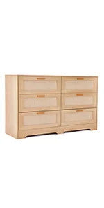 REDLIFE 47.24" Rattan Dresser met 6 Lades, Moderne Houten Kast met Gouden Handgrepen voor Slaapkamer Woonkamer Hal | REDLIFE Rotan Dressoir 120cm Breedte | Slaapkamer Woonkamer Opslag | Moderne Stijl MDF | 6 Lades Gouden Knoppen