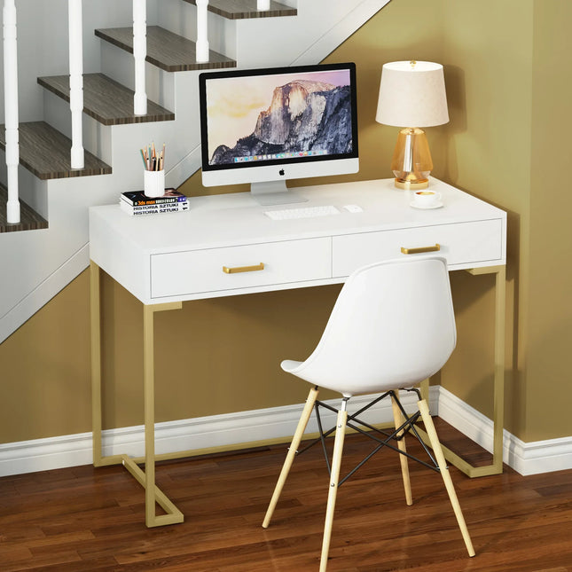 Tribesigns Kaptafel met 2 Lades, Wit en Goud Klein Kaptafel, Moderne Kaptafel Cadeau voor Vrouwen Meisjes | Tribesigns Kaptafel Hout Wit Goud | Kaptafel 2 Lades | Make-uptafel Stijlvol en Functioneel | Tribesigns