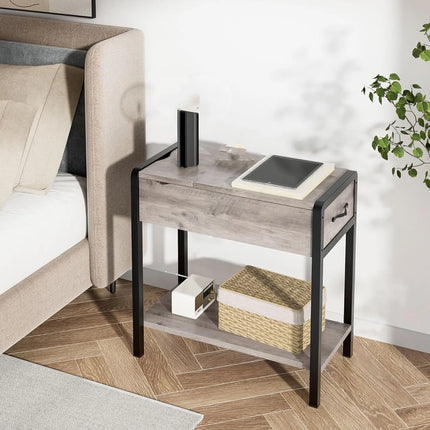 Nachtkastje met lade en plank | Smalle bijzettafel met opberglade en industrieel ontwerp | Retro stijl hout en metaal | Voor woonkamer of slaapkamer gebruik | Stabiel, stevig en eenvoudig te monteren