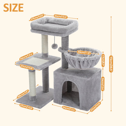 2 in 1 Kattenboom voor Binnen Kleine Kattentoren met Sisal Krabpaal Gezellige Condo Hangmat Kattenbed Huis Kattenaccessoires Katspeelgoed | PEQULTI Kattenboom Binnen | Krabpaal | Kattenhuis met Hangmat | Grijs/Beige
