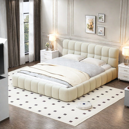 Gestoffeerd Bubble Bed 140x200 cm, Tweepersoonsbed met Opbergruimte, Jeugdbed met Lattenbodem en Hoofdbord, Linnen, Zonder Matras | Gestoffeerd Tweepersoonsbed 140x200 cm Beige | Moderne Bedframe met Opberglades en Hoofdbord