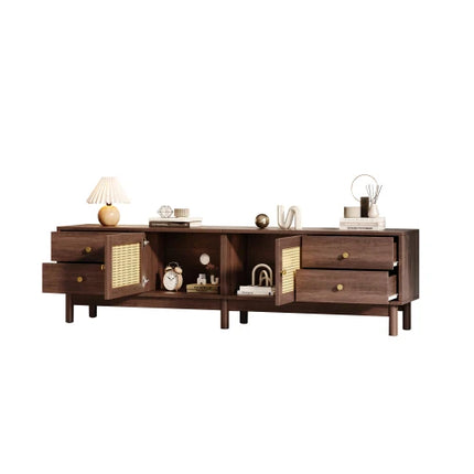 1.8m lang TV-meubel in donkere houtlook met twee rattan deuren, vier laden, kabelbeheer en hydraulische scharnieren – voor 80-inch | Donkerhouten TV-meubel 180cm | Rattan Deuren | 4 Laden | Tot 80" TV