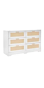 REDLIFE 47.24" Rattan Dresser met 6 Lades, Moderne Houten Kast met Gouden Handgrepen voor Slaapkamer Woonkamer Hal | REDLIFE Rotan Dressoir 120cm Breedte | Slaapkamer Woonkamer Opslag | Moderne Stijl MDF | 6 Lades Gouden Knoppen