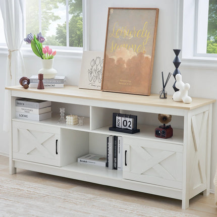 REDLIFE TV Stand voor TV's tot 65 inch Entertainment Center met Stopcontact Opslagkast Drie Open Schappen voor Woonkamer | Tv-meubel 65 inch modern ontwerp met opbergvakken hout stopcontact barndeur design