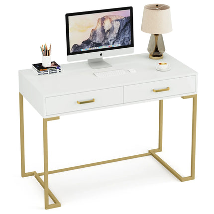 Tribesigns Kaptafel met 2 Lades, Wit en Goud Klein Kaptafel, Moderne Kaptafel Cadeau voor Vrouwen Meisjes | Tribesigns Kaptafel Hout Wit Goud | Kaptafel 2 Lades | Make-uptafel Stijlvol en Functioneel | Tribesigns