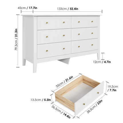 Getone Dressoir Commode Kast 6 Lade Witte Ladekast 133x45x79,5 cm Slaapkamer Eetkamer Woonkamer | Getone Ladekast Modern Design 133x45x79,5 cm | 6 Witte Lades voor Slaapkamer en Woonkamer