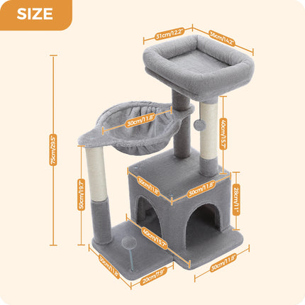 2 in 1 Kattenboom voor Binnen Kleine Kattentoren met Sisal Krabpaal Gezellige Condo Hangmat Kattenbed Huis Kattenaccessoires Katspeelgoed | PEQULTI Kattenboom Binnen | Krabpaal | Kattenhuis met Hangmat | Grijs/Beige