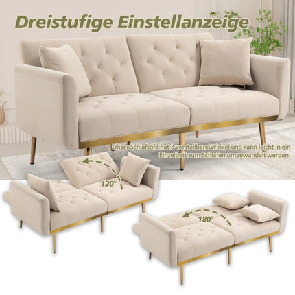 3-zitsbank van zacht fluweel, om te bouwen tot 3-standen slaapbank | Moderne Fluwelen Slaapbank 3-zitsverstelbaar met Gouden Metalen Poten | Ideaal voor Woon- en Slaapkamers | Compact en Ruimtebesparend Design