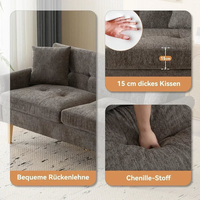 2-Zits Bank van Stof met Dikke Kussens, Modern Design | Chenille 2-Zitsbank | Comfortabel Kleinschalig Sofa | Ergonomisch Ontwerp | Massief Houten Poten | Ideaal voor Compacte Ruimtes
