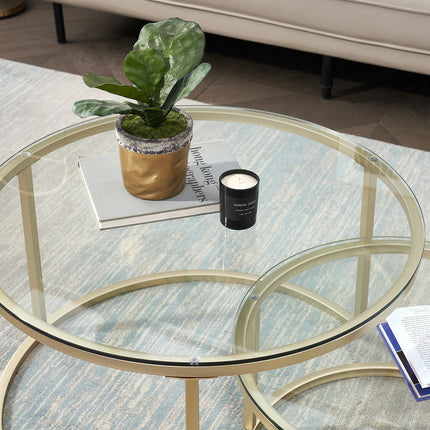2 in 1 ijzeren salontafel mode kleine appartement woonkamer salontafel gehard glas ronde bank bijzettafel | Moderne salontafel set | 2-delige ronde tafels | Staal & MDF | Grijs marmer-look | Woonkamer design