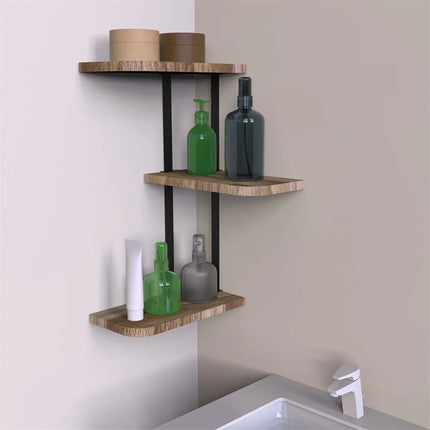 Lucca Hoekplank voor Opslag, Moderne Zwevende Wandplanken, Presentatierek, Verstelbaar Rek, 3-laags | Hoekplank Hout en Ijzer | Zwevend Wandrek | 3 Verstelbare Lagen | Opslag en Decoratie | Keuken, Woonkamer, Slaapkamer
