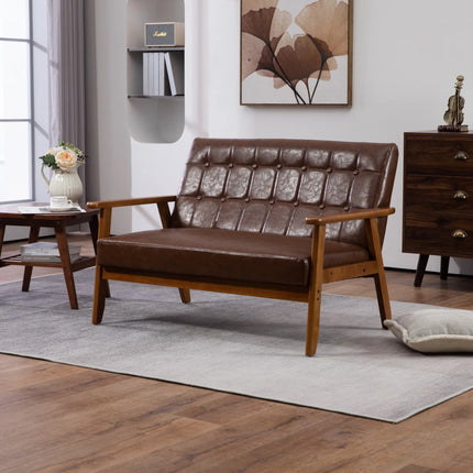 2-zits bank met schuimvulling, ademend polyester, massief houten stoel voor woonkamer, slaapkamer, kantoor | Moderne 2-zitsbank ademend polyester schuimvulling | Comfortabele en duurzame stoffen bank met houten armsteunen
