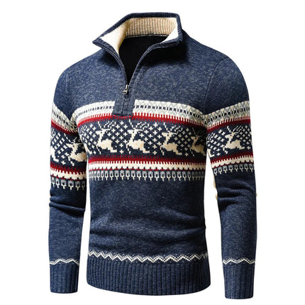Heren Kersttrui Geometrisch Patroon | Festive Slim Fit Cardigan | Winter Gebreid Rits Vest | Oprolbare Kraag | Mix van Katoen Acryl Kasjmier | Lang Ritsontwerp | Ideaal als Cadeau voor Kerst | Stijlvolle Kerstkleding