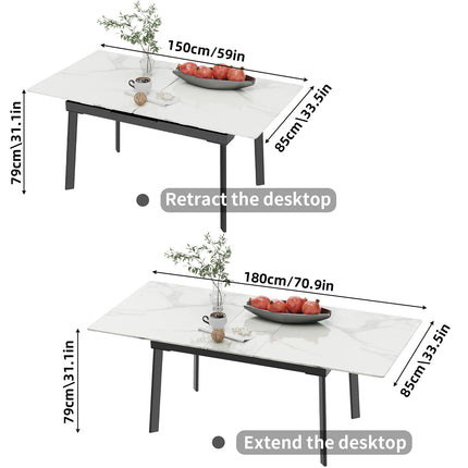 Uitschuifbare Eettafel Marmeren Blad en Metalen Frame Rechthoekige Moderne Meubels Geen Stoelen | Uitschuifbare Eettafel Marmerlook Landelijke Tafel Blad 180x85x79cm Moderne Stijl Zonder Stoelen