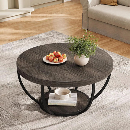 Ronde Salontafel, 80,5 cm Houten 2-laags Salontafel met Opbergrekken, Cocktailtafel Centertafel voor Woonkamer, Grijs | Ronde Woonkamertafel Met Opslag | Industrieel Design | Grijze Houtlook | 2 Niveaus