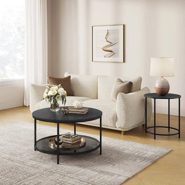 VASAGLE salontafel woonkamer tafeltje met glazen blad | Salontafel zwart marmerlook glas | Moderne en stevige bijzettafel woonkamer | Verstelbare voetjes en extra opbergruimte | Ø 80 cm