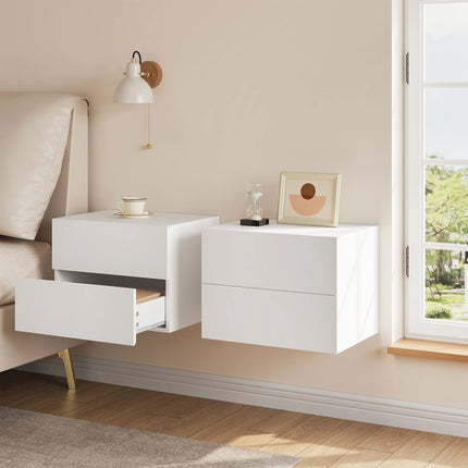 Zwevende Nachtkastje Modern Hangend Nachtkastje Set met Lades voor Slaapkamer Woonkamer | WOLTU Hangend Nachtkastje Wandmontage 2 Lades Wit | Zwevend Nachtkastje Slaapkamer Opslagruimte
