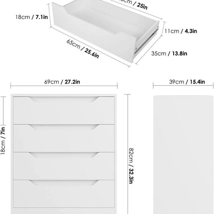 Dressoir, 4 Laden Kast, Multifunctionele Garderobe Grote Opslag, Woonkamer, Hal, Slaapkamer, 69x39x82cm | Dressoir met 4 Laden | Opbergruimte Slaapkamer | Modern Design | Milieuvriendelijk Spaanplaat