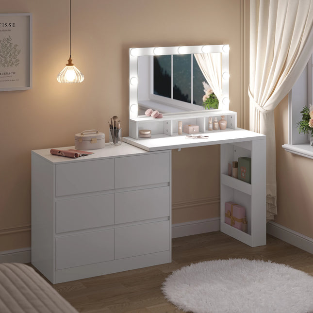 WOLTU Makeup-kaptafel met verstelbare LED verlichting dressoir en 6 ladekast flexibele montage | WOLTU Speeltafel met Verstelbare LED Spiegel | Houten Kaptafel met 6 Laden | Moderne Stijl | Hoekopstelling Mogelijk | 90x40x134.5 cm